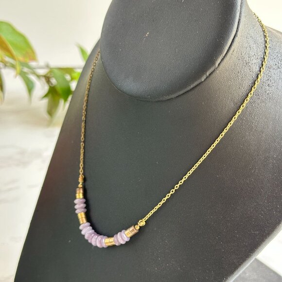 Purple Glass Disc Bead Choker Necklace With Brass Accents 14" Handmade Jewelry - Picture 2 of 8